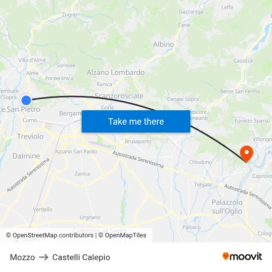 Mozzo to Castelli Calepio map