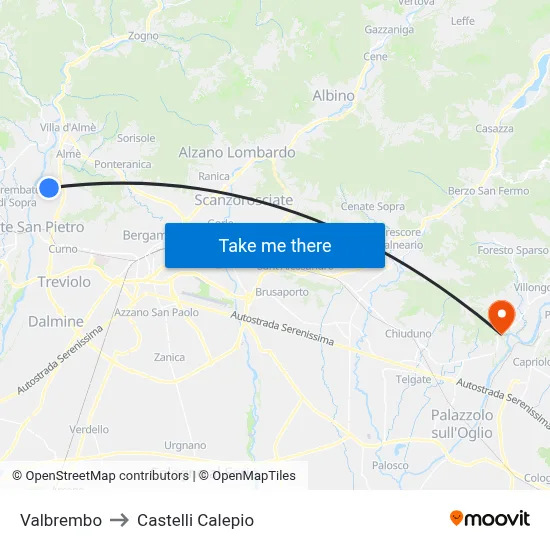 Valbrembo to Castelli Calepio map