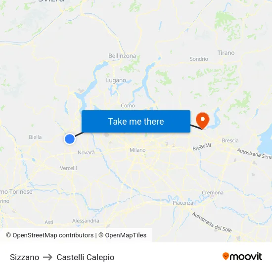 Sizzano to Castelli Calepio map