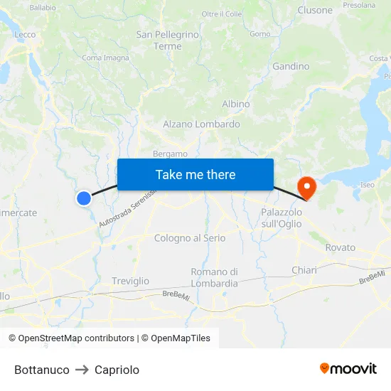Bottanuco to Capriolo map
