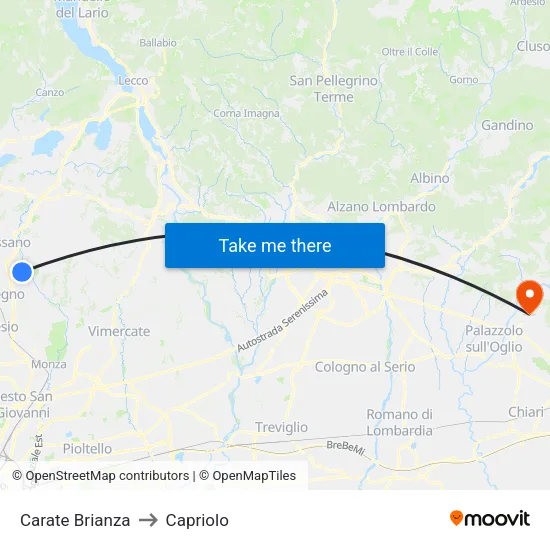 Carate Brianza to Capriolo map