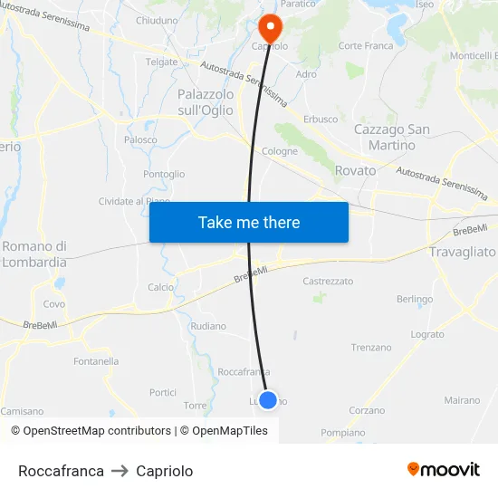 Roccafranca to Capriolo map