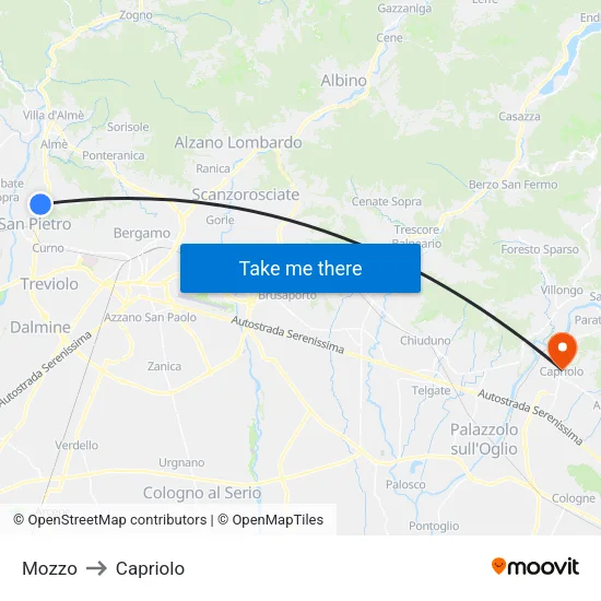 Mozzo to Capriolo map