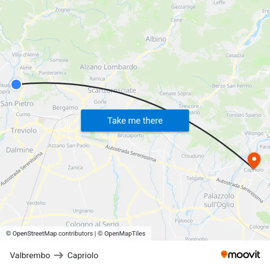 Valbrembo to Capriolo map