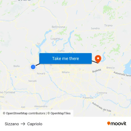 Sizzano to Capriolo map