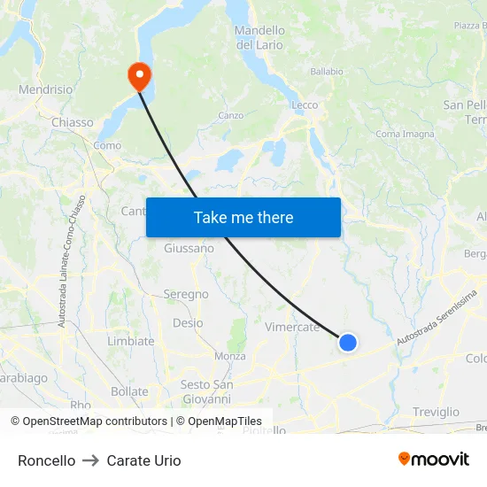 Roncello to Carate Urio map