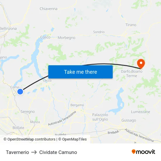 Tavernerio to Cividate Camuno map