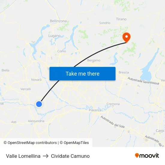 Valle Lomellina to Cividate Camuno map