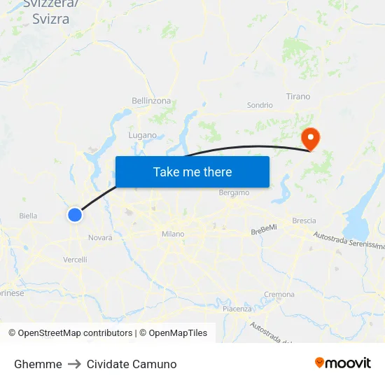 Ghemme to Cividate Camuno map