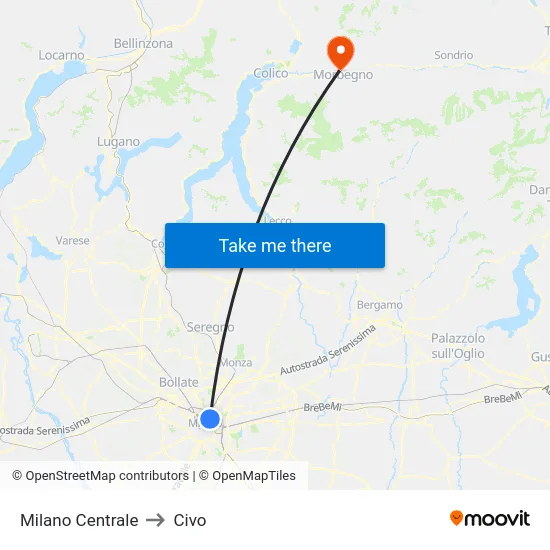 Milan Central to Civo map