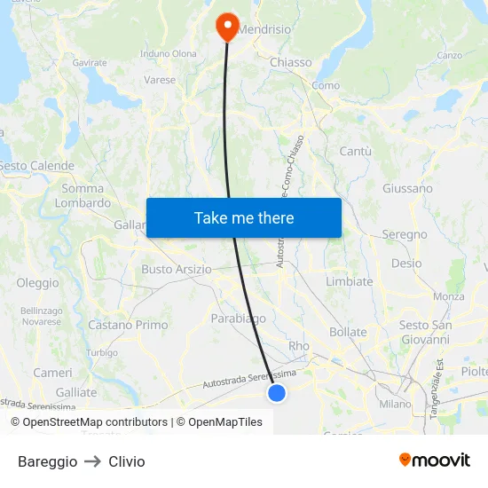 Bareggio to Clivio map