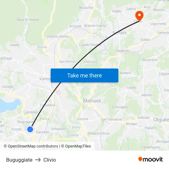 Buguggiate to Clivio map