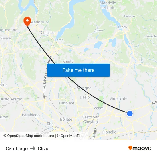 Cambiago to Clivio map