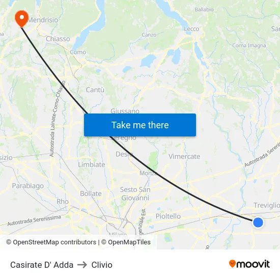 Casirate d'Adda to Clivio map