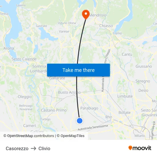 Casorezzo to Clivio map