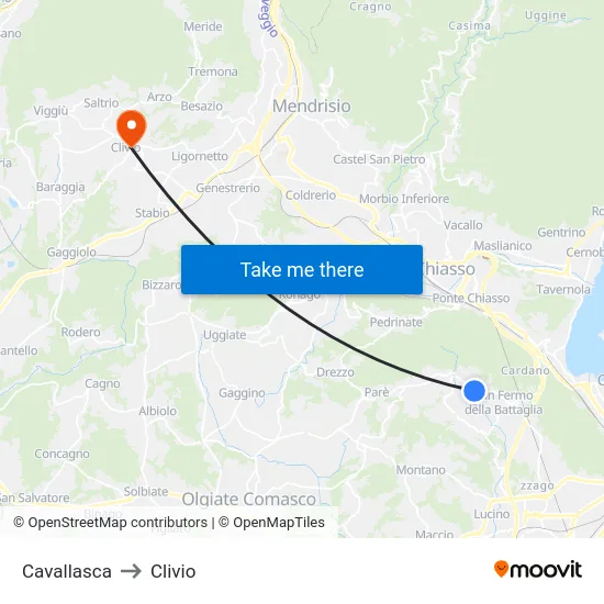 Cavallasca to Clivio map