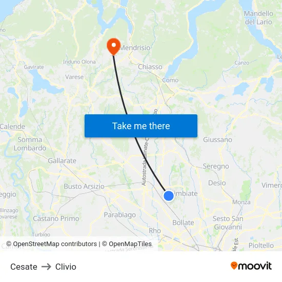 Cesate to Clivio map