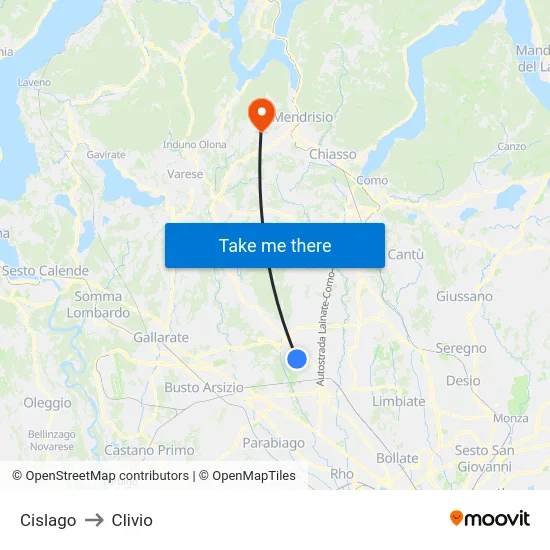 Cislago to Clivio map