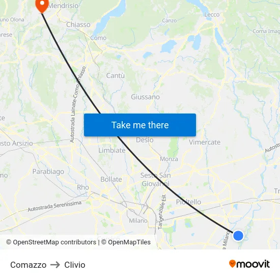 Comazzo to Clivio map