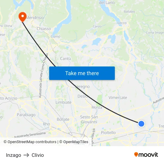 Inzago to Clivio map