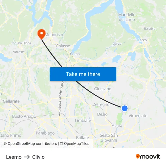 Lesmo to Clivio map