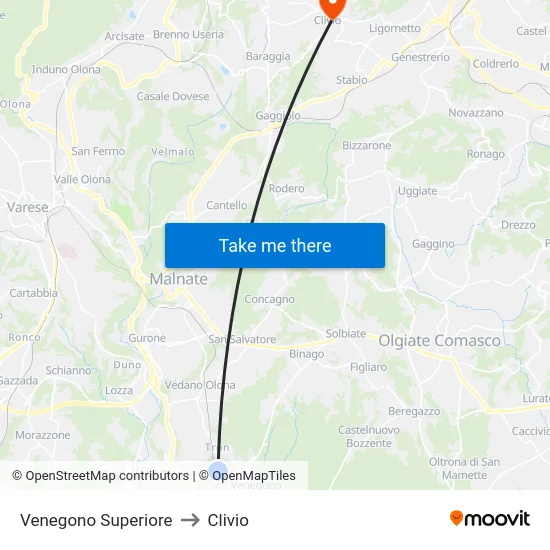 Venegono Superiore to Clivio map