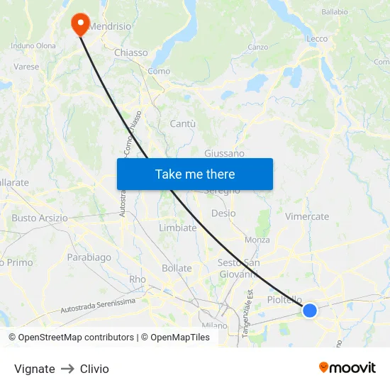 Vignate to Clivio map