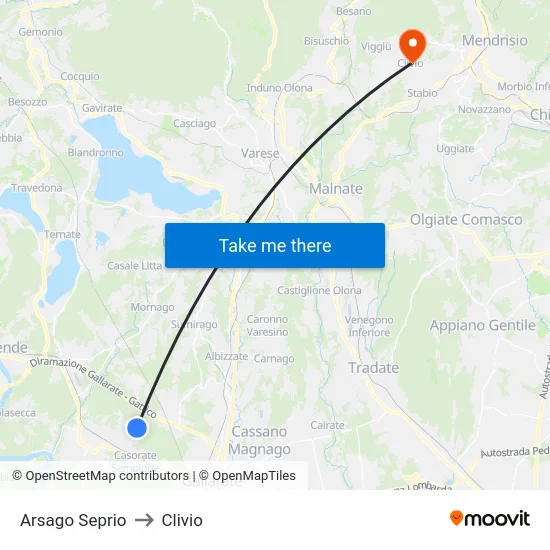 Arsago Seprio to Clivio map