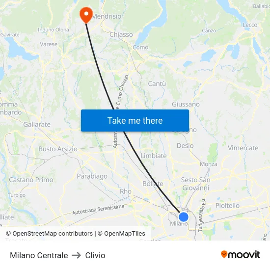 Milan Central to Clivio map