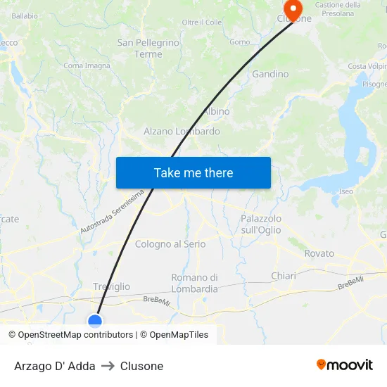 Arzago d'Adda to Clusone map