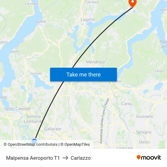 Malpensa Airport T1 to Carlazzo map