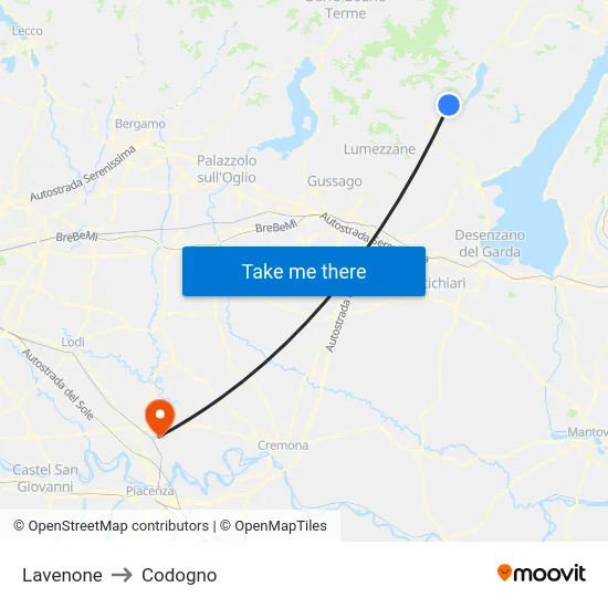 Lavenone to Codogno map