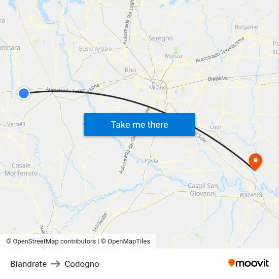 Biandrate to Codogno map
