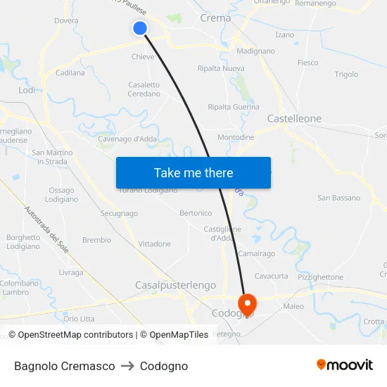 Bagnolo Cremasco to Codogno map