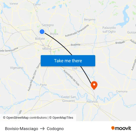 Bovisio-Masciago to Codogno map