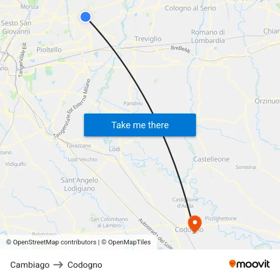 Cambiago to Codogno map