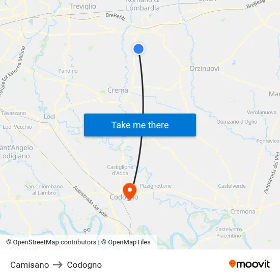 Camisano to Codogno map