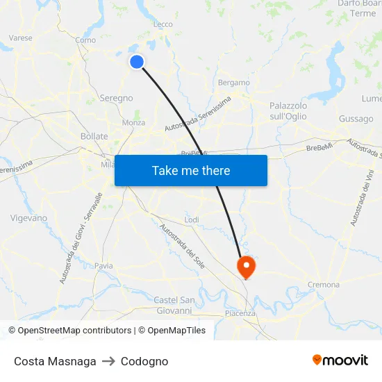 Costa Masnaga to Codogno map