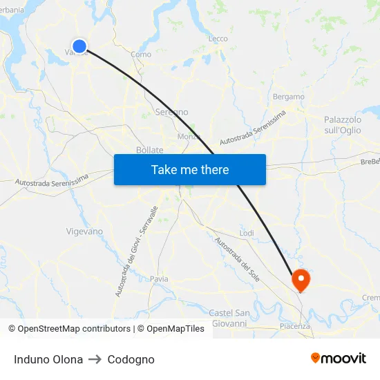 Induno Olona to Codogno map