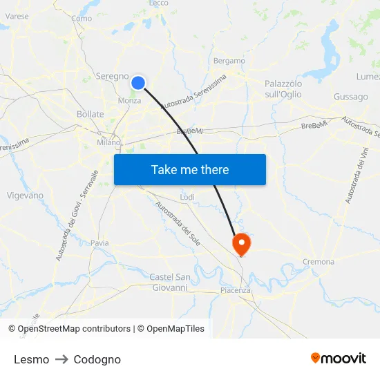 Lesmo to Codogno map