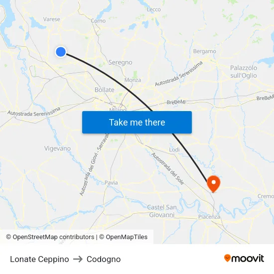 Lonate Ceppino to Codogno map