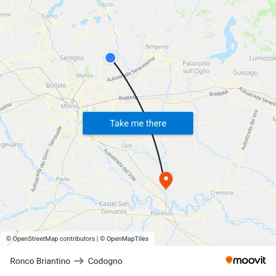 Ronco Briantino to Codogno map