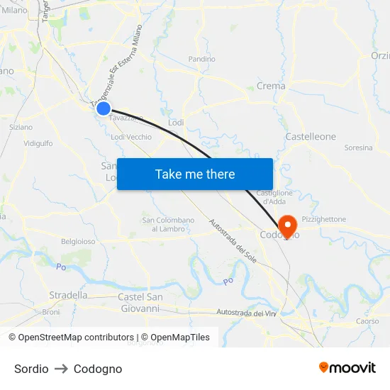 Sordio to Codogno map