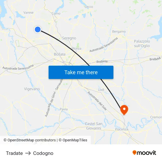 Tradate to Codogno map