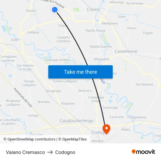 Vaiano Cremasco to Codogno map