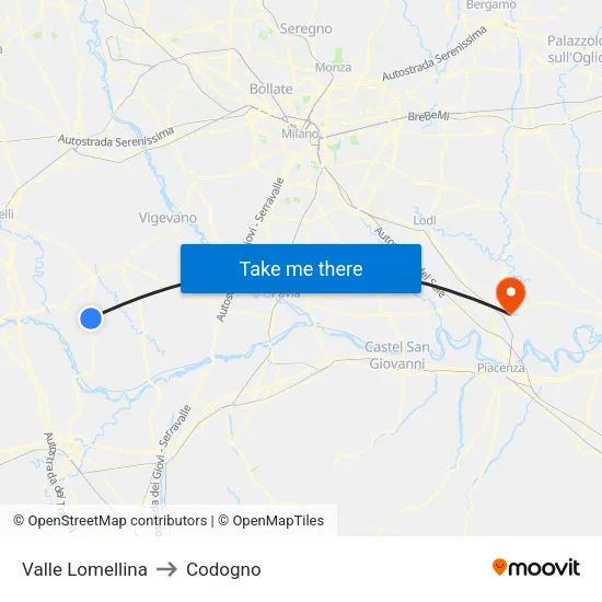 Valle Lomellina to Codogno map