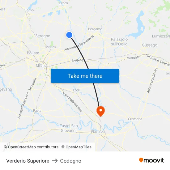 Verderio Superiore to Codogno map