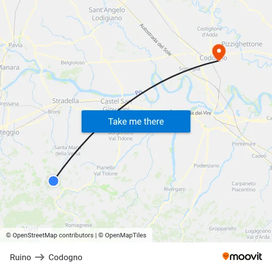 Ruino to Codogno map