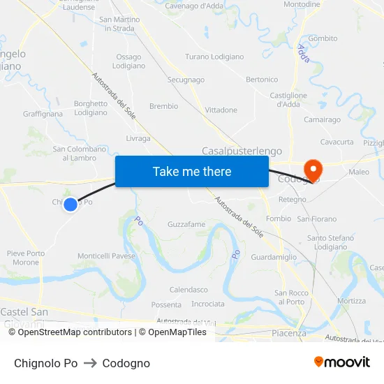 Chignolo Po to Codogno map