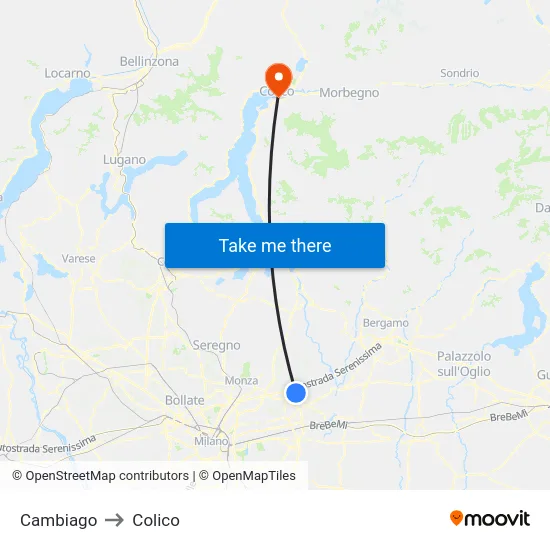 Cambiago to Colico map